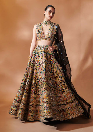 Black Multi Embroidered Lehenga Set by Tamanna Punjabi Kapoor, available on Indiaspopup.com