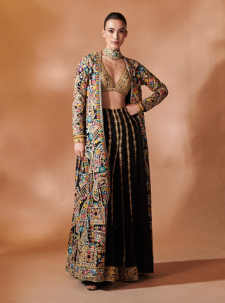 Black Long Embroidered Jacket And Sharara Set by Tamanna Punjabi Kapoor, available on Indiaspopup.com