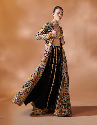 Black Long Embroidered Jacket And Sharara Set by Tamanna Punjabi Kapoor, available on Indiaspopup.com