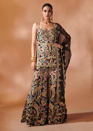 Black Embroidered Kurta And Sharara Set by Tamanna Punjabi Kapoor, available on Indiaspopup.com