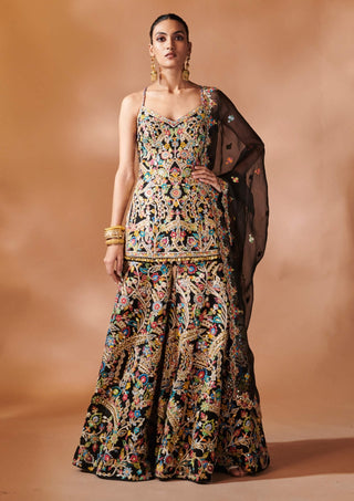 Black Embroidered Kurta And Sharara Set by Tamanna Punjabi Kapoor, available on Indiaspopup.com