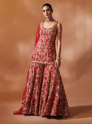 Red Embroidered Kurta And Sharara Set by Tamanna Punjabi Kapoor, available on Indiaspopup.com