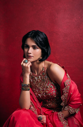 Fuchsia pink silk lehenga set