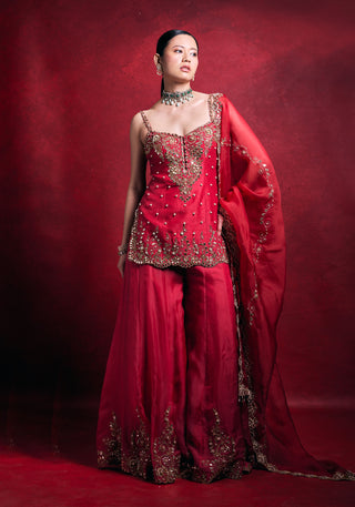 Red and pink raw silk sharara set