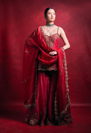 Red and pink raw silk sharara set