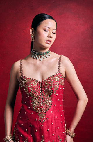 Red and pink raw silk sharara set