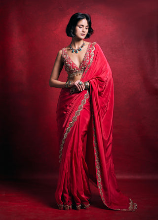 Fuchsia pink crepe sari set