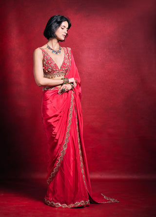 Fuchsia pink crepe sari set