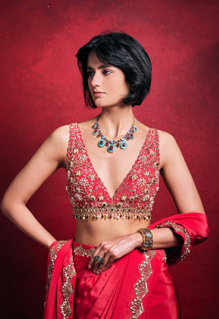 Fuchsia pink crepe sari set