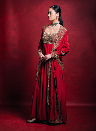 Striking red crepe anarkali set