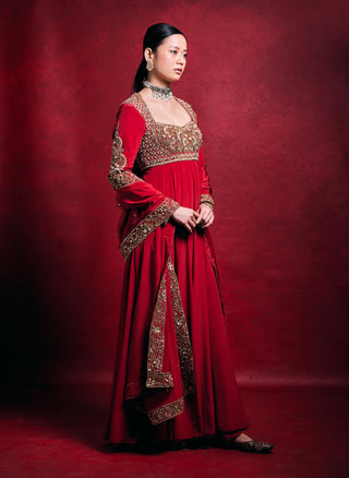 Striking red crepe anarkali set