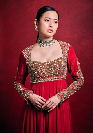 Striking red crepe anarkali set