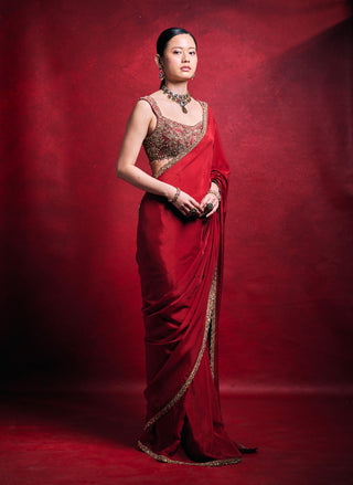 Red habutai sari set