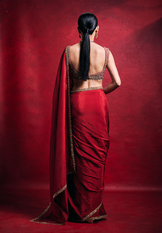 Red habutai sari set
