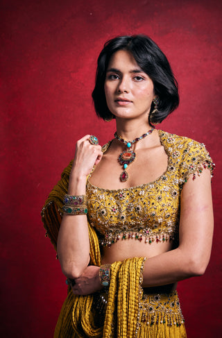Mustard embroidered crushed lehenga set