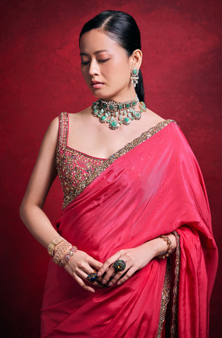 Fuchsia pink silk sari set