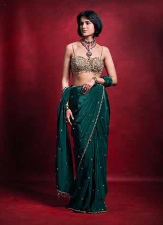 Emerald green crepe sari set