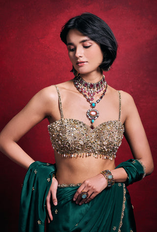 Emerald green crepe sari set