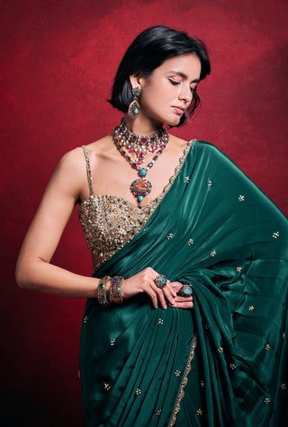 Emerald green crepe sari set