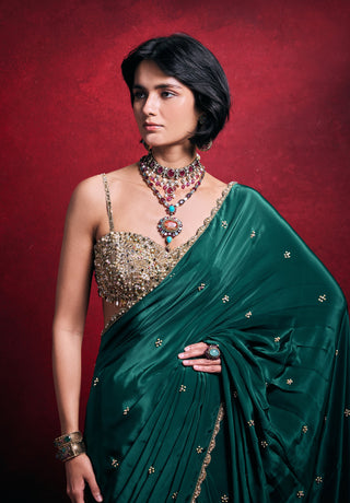 Emerald green crepe sari set