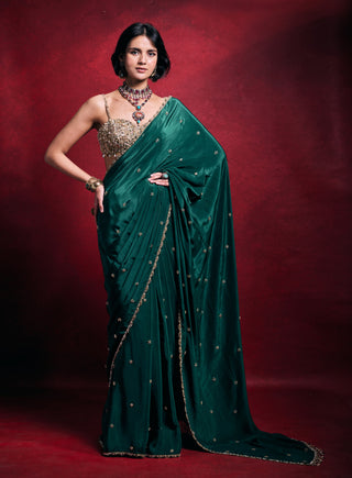 Emerald green crepe sari set