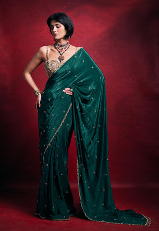 Emerald green crepe sari set