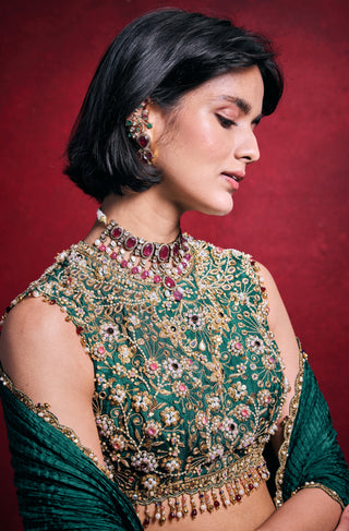 Emerald green crushed lehenga set