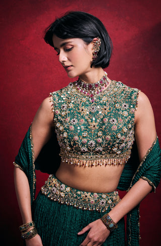 Emerald green crushed lehenga set