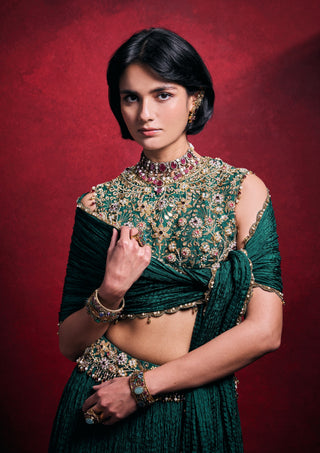 Emerald green crushed lehenga set