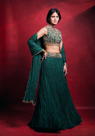 Emerald green crushed lehenga set