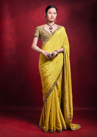 Yellow crepe pearl sari set