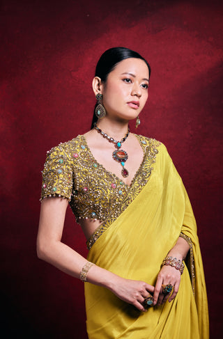Yellow crepe pearl sari set