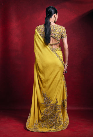 Yellow crepe pearl sari set