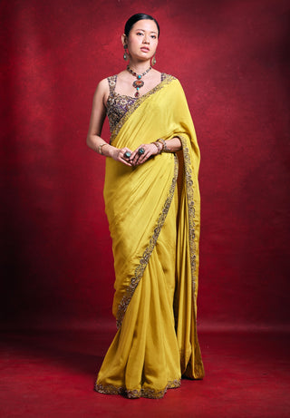 Yellow vibrant crepe sari set