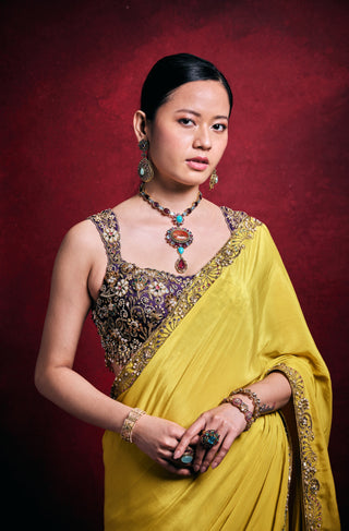 Yellow vibrant crepe sari set