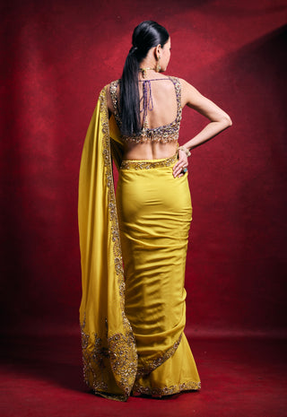 Yellow vibrant crepe sari set