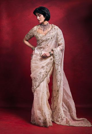 Cream organza sari set
