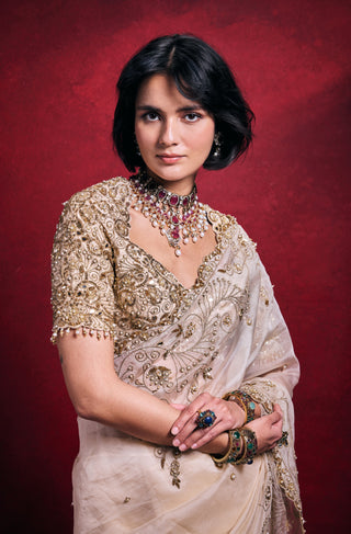 Cream organza sari set