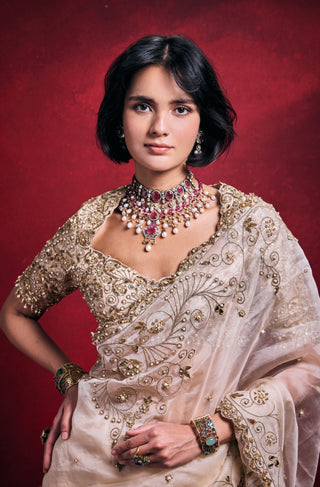 Cream organza sari set