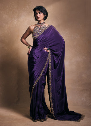 Deep purple crepe sari set