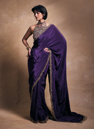 Deep purple crepe sari set