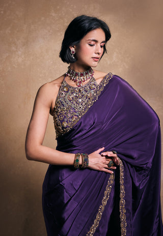 Deep purple crepe sari set