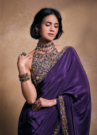Deep purple crepe sari set