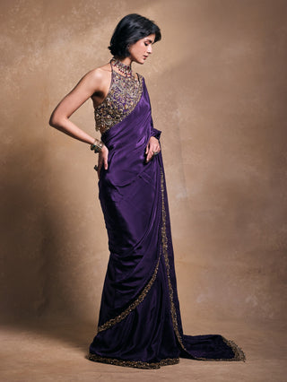 Deep purple crepe sari set