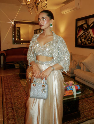 Divine ivory draped skirt and jacket set