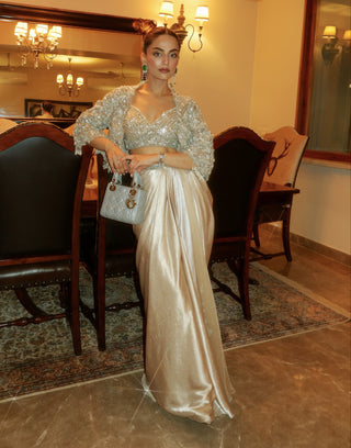 Divine ivory draped skirt and jacket set