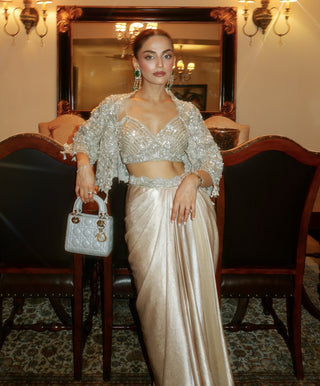 Divine ivory draped skirt and jacket set