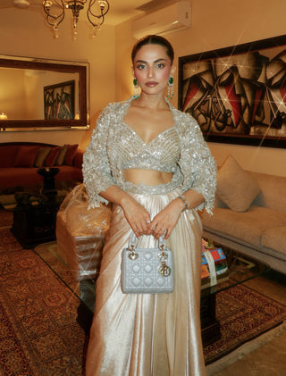 Divine ivory draped skirt and jacket set