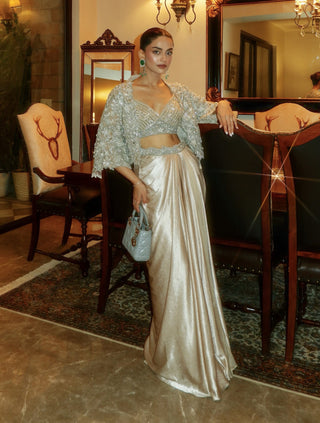 Divine ivory draped skirt and jacket set