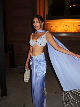 Dew blue satin draped skirt set